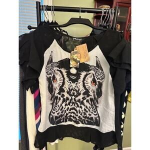 Whimsygoth Black Owl Profile Chiffon Blouse NWT Size Large